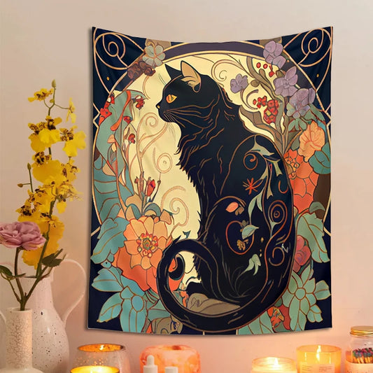 Psychedelic Black Cat Tapestry Wall Hanging Rose and Sunbeam Art Nouveau