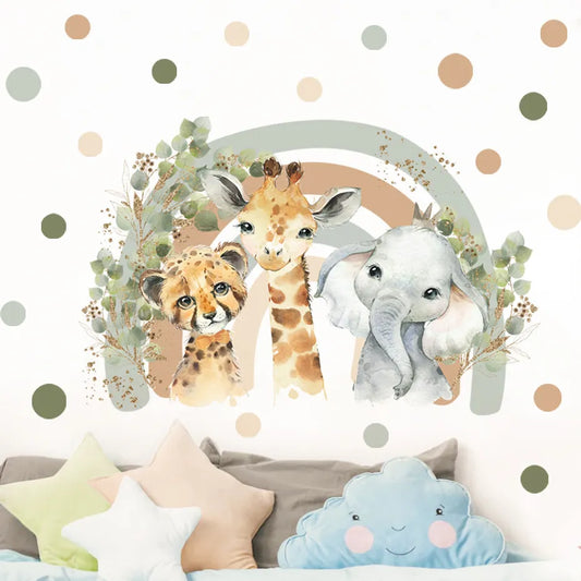 Boho Cartoon African Animal Giraffe Elephant Watercolor Wall Sticker kids